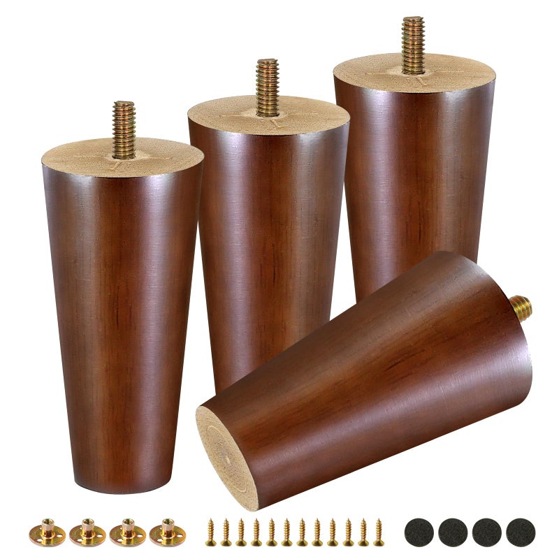 FoDau770 Brown Rubber Wood Furniture Legs 5 Inches, Straight Tapered Wood Feet Mid Century Sofa Legs Set of 4, 5/16"" UNC Furniture Feet Replacement Parts for Cabinet Couch Dresser Chair Ottoman Table - Image 1
